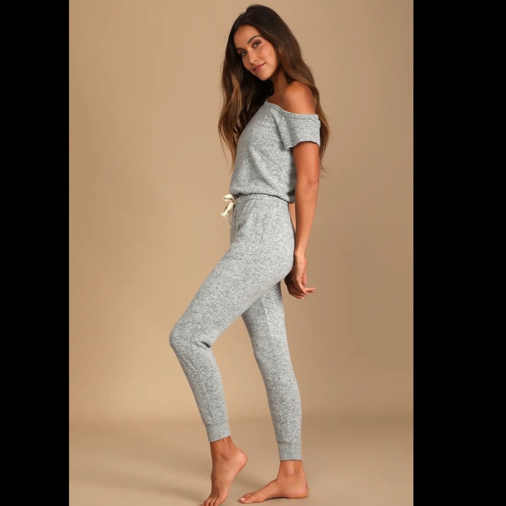 Express Off the Shoulder Heathered Lounge Jumpsuit - Picture 2 of 7